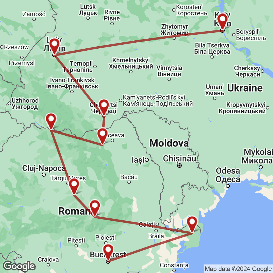 Route for Bucharest, Danube Delta, Brasov, Sighisoara, Sighetu Marmatiei, Gura Humorului, Chernivtsi, Lviv, Kyiv tour
